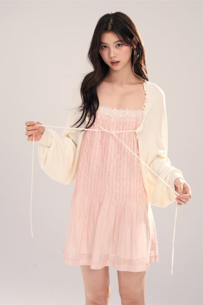 Suspender Dress with Lantern Sleeve Shawl Cardigan Set-Up