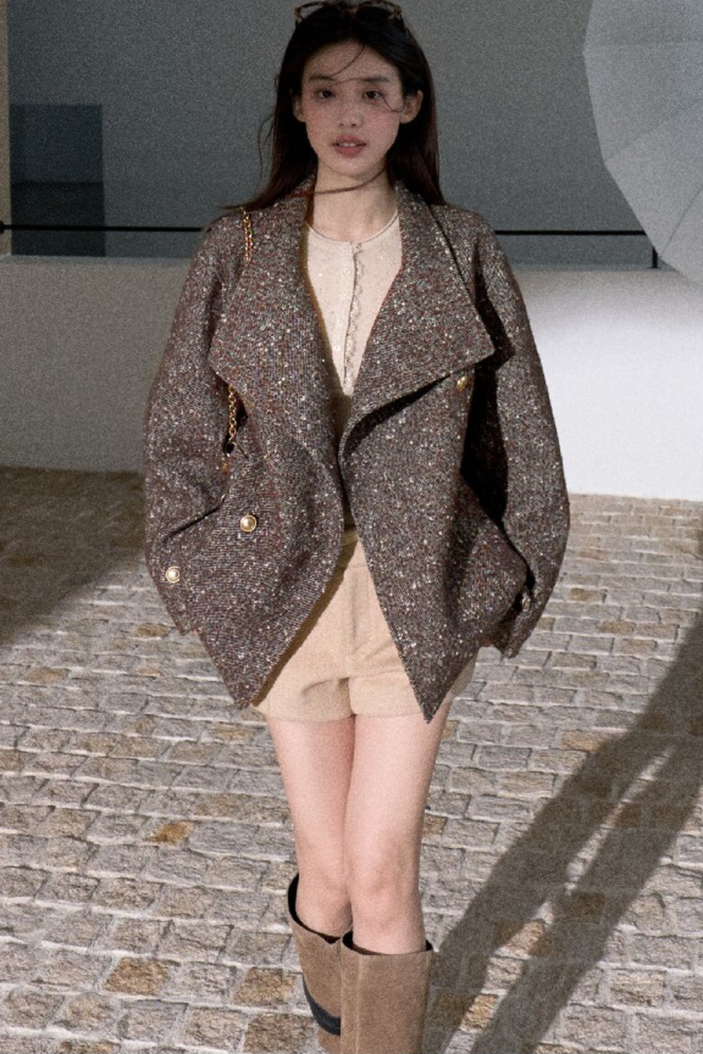 Textured Wool Blend Double-Breasted Jacket
