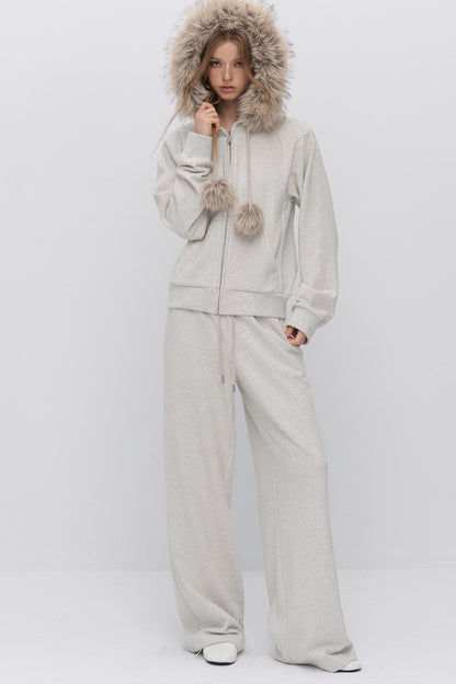 Fur Trim Hooded Sweatshirt and Sweatpants Set-Up