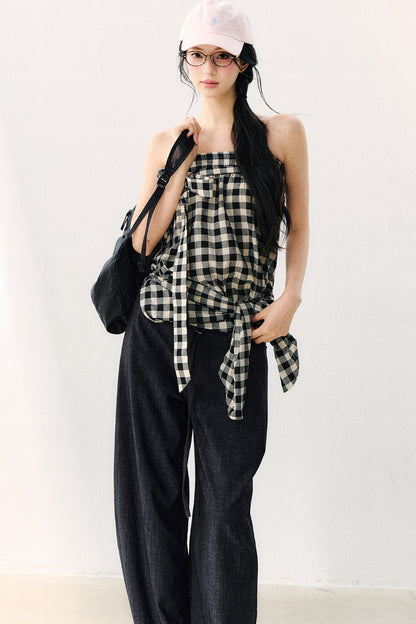 Washed Plaid Tube Top With Bow