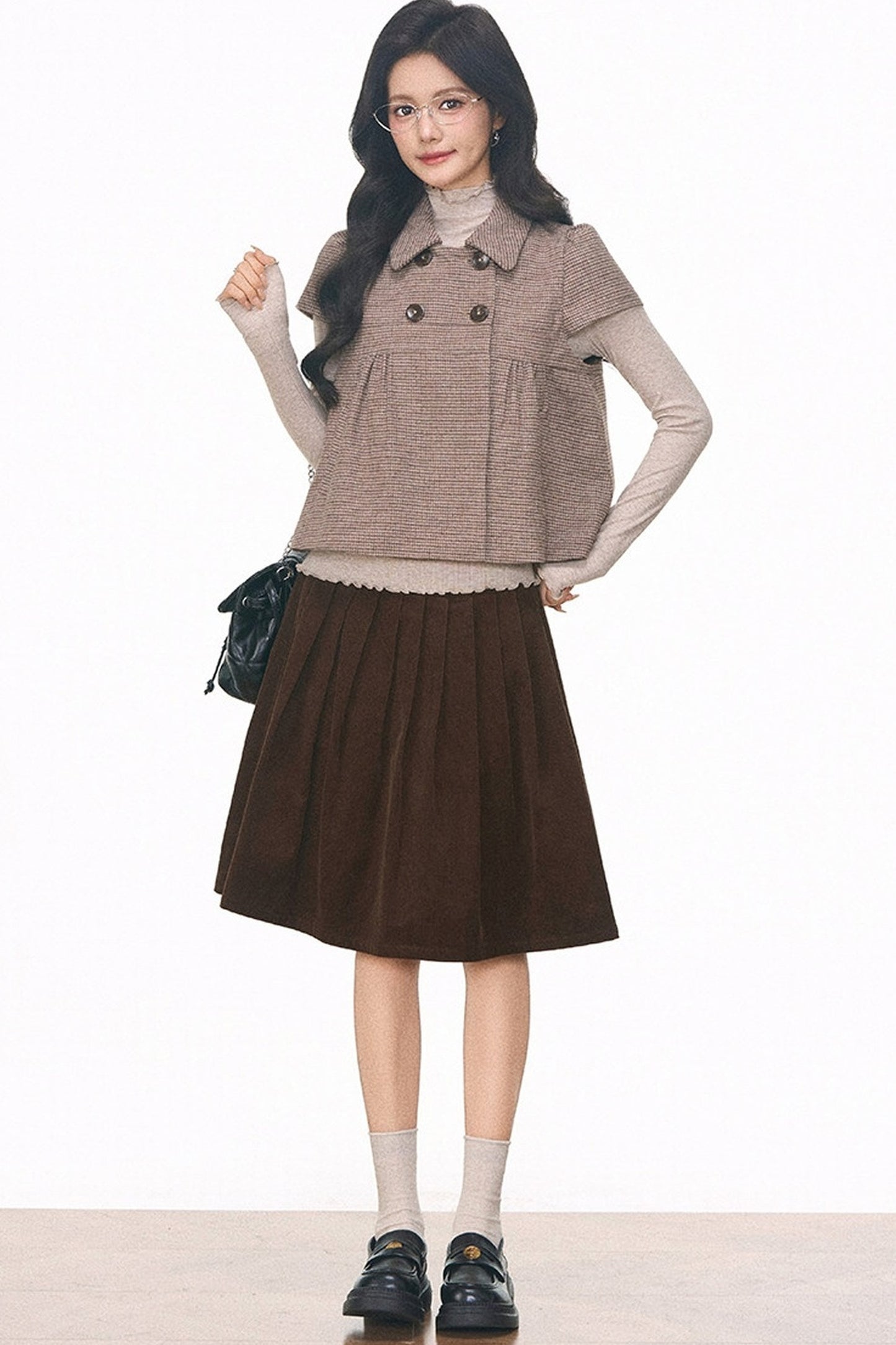 Woolen Short Sleeve Top and Corduroy Midi Skirt Set-Up