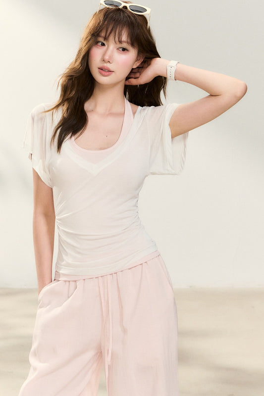 White T-Shirt and Pink Halter Neck Tank Top Set