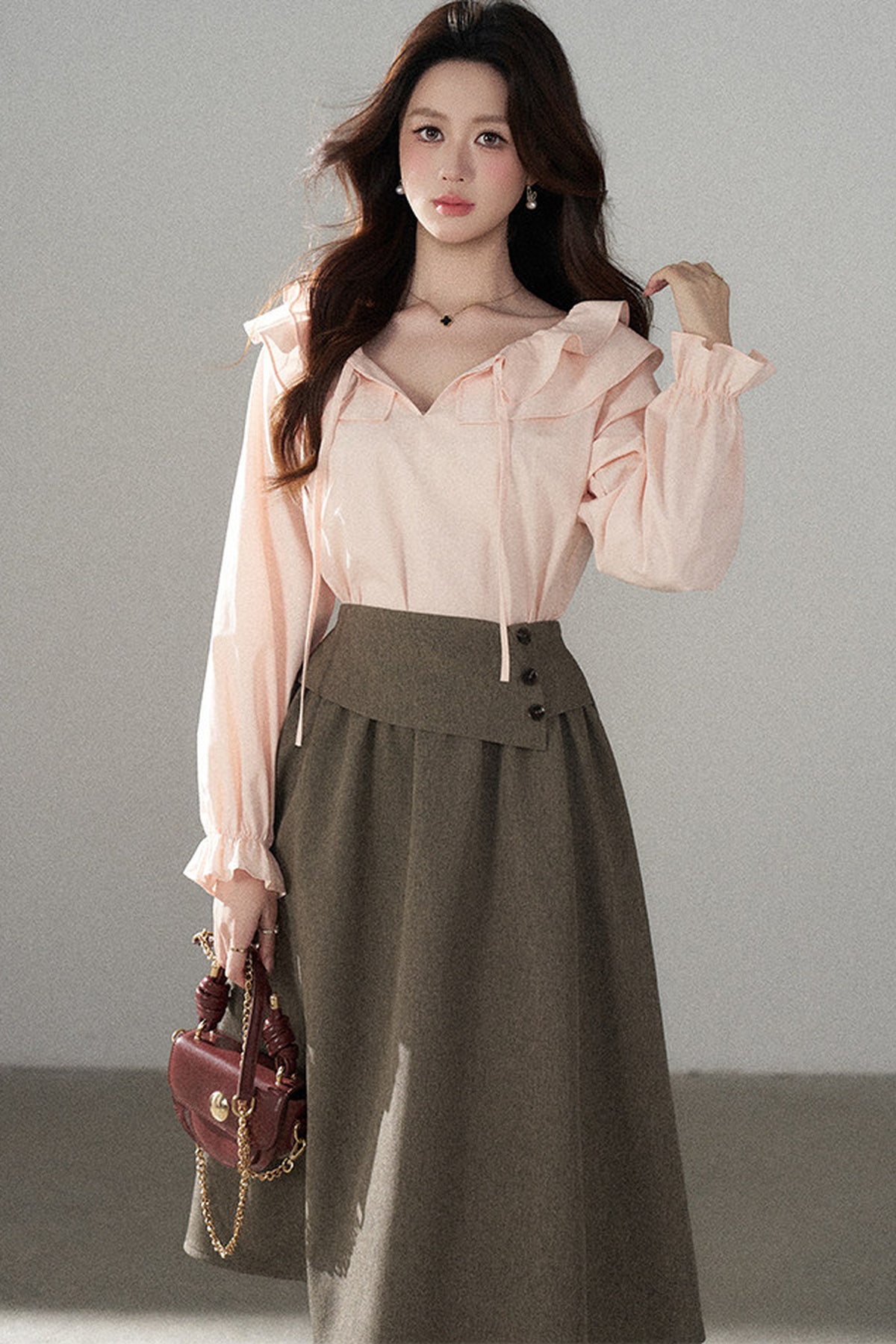 Pink Ruffle Collar Long-Sleeved Top and Skirt Set-Up