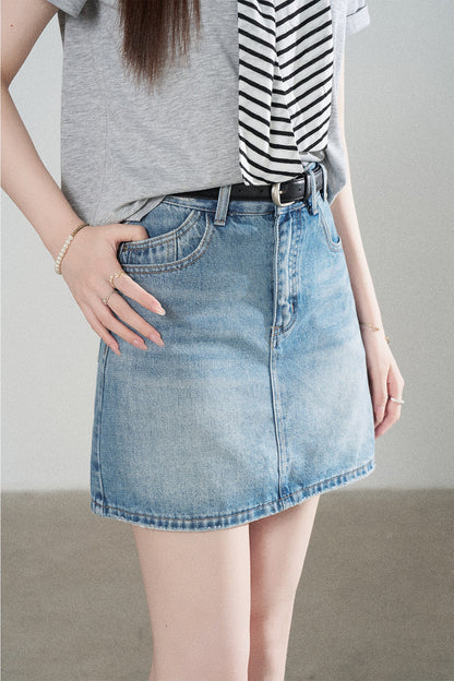 Loose Short-Sleeved Striped Shawl T-Shirt and Denim Skirt Set-Up