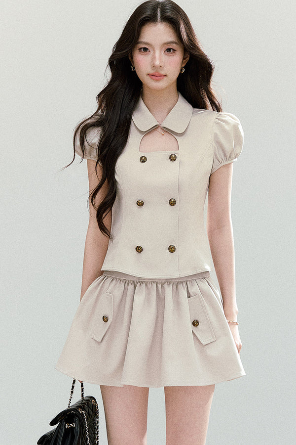Preppy Doll Collar Double-Breasted Shirt And Puffy Skirt Set-Up