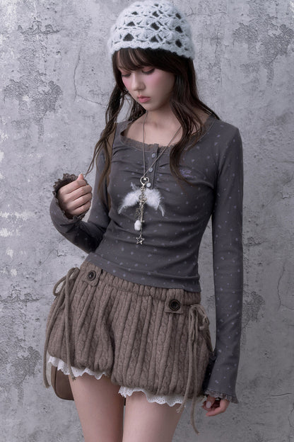 Gray Purple Lace Henley T-shirt
