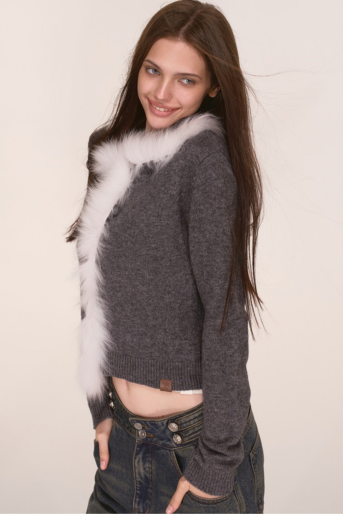 Fox Fur Trim Wool Cardigan