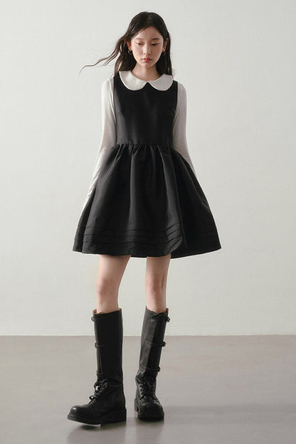Black Satin Waist-Cinching Dress