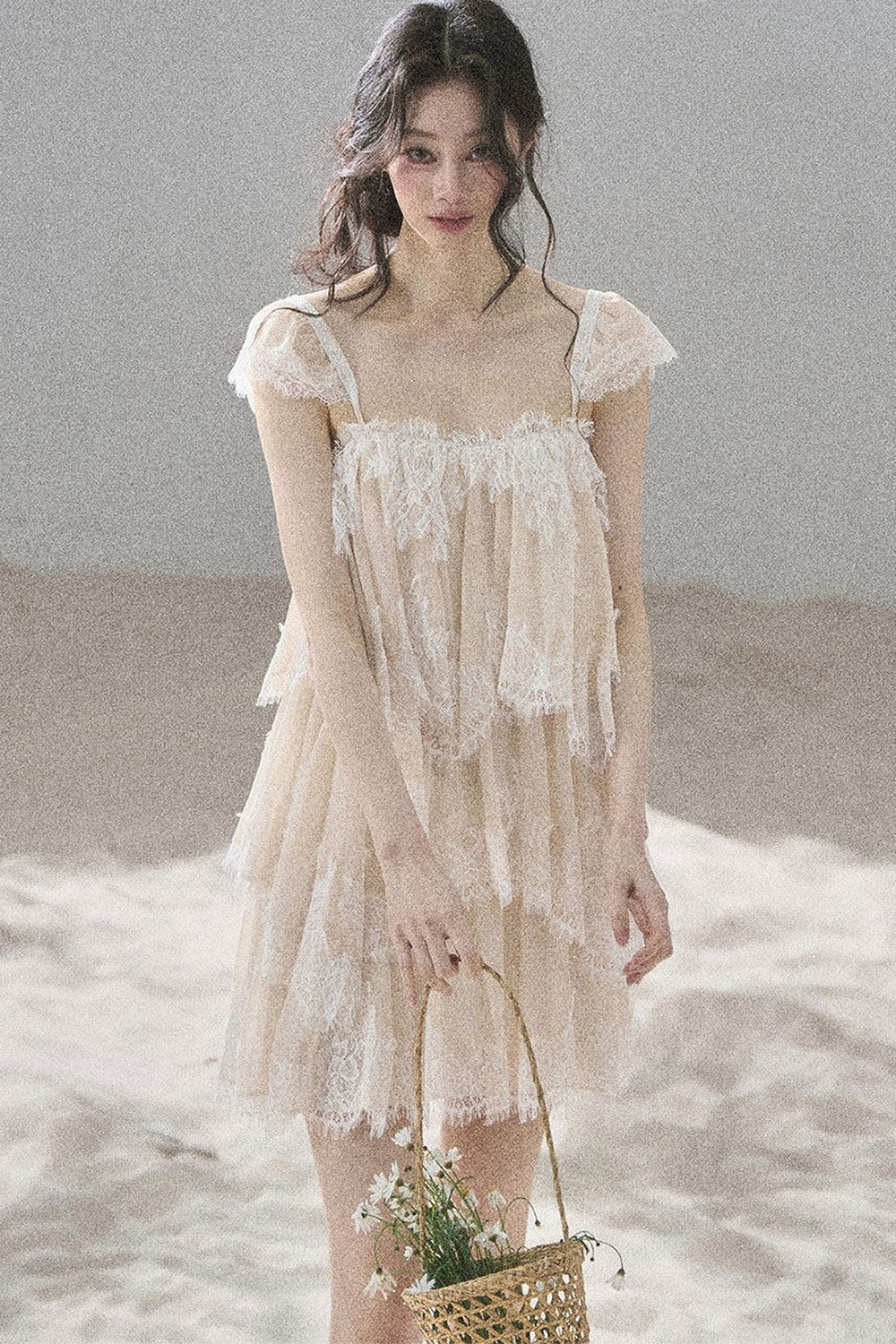 Asymmetric French Lace Mesh Top Set