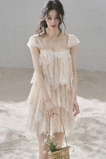 Asymmetric French Lace Mesh Top Set