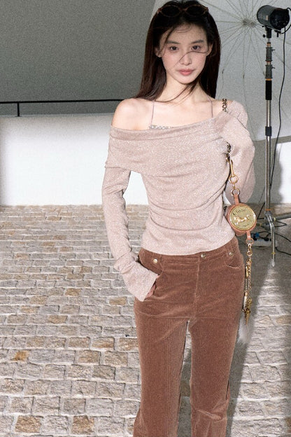 High-Waisted Corduroy Flared Belt Loops Pants
