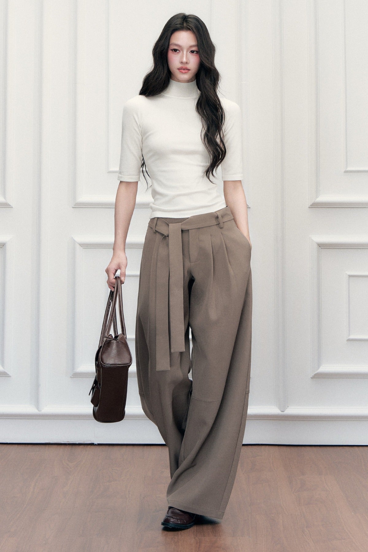 Drape Tie-Up Wide-Leg Suit Pants
