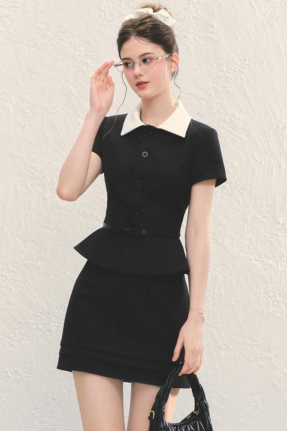 Black Short-Sleeved Shirt and A-Line Skirt Set-Up
