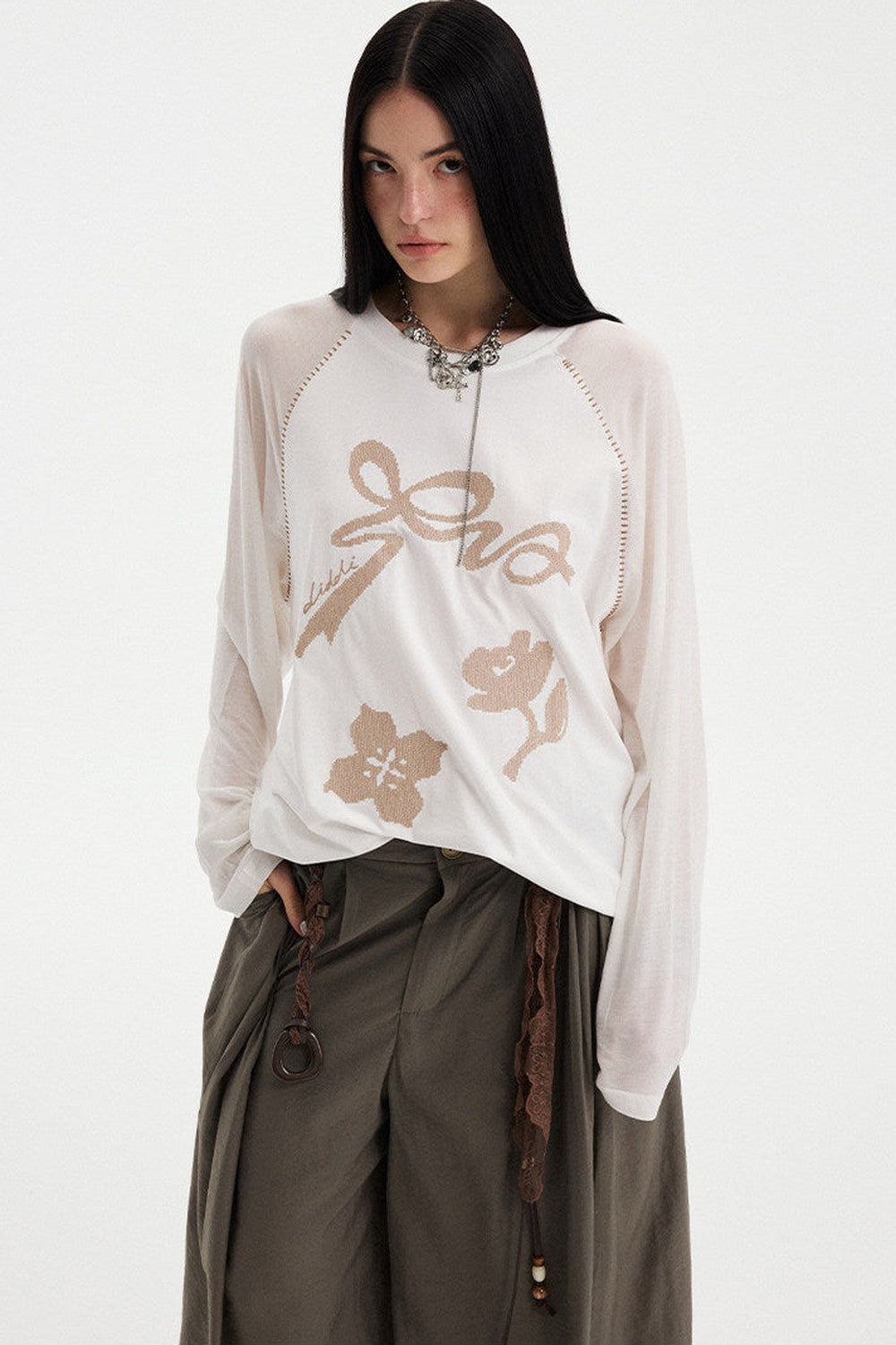 Bow Floral Spliced Long-Sleeve Top