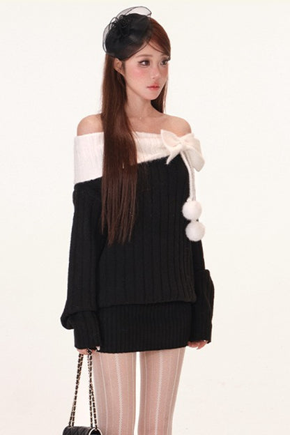 Off-Shoulder Bowknot Pom-Pom Knit Dress