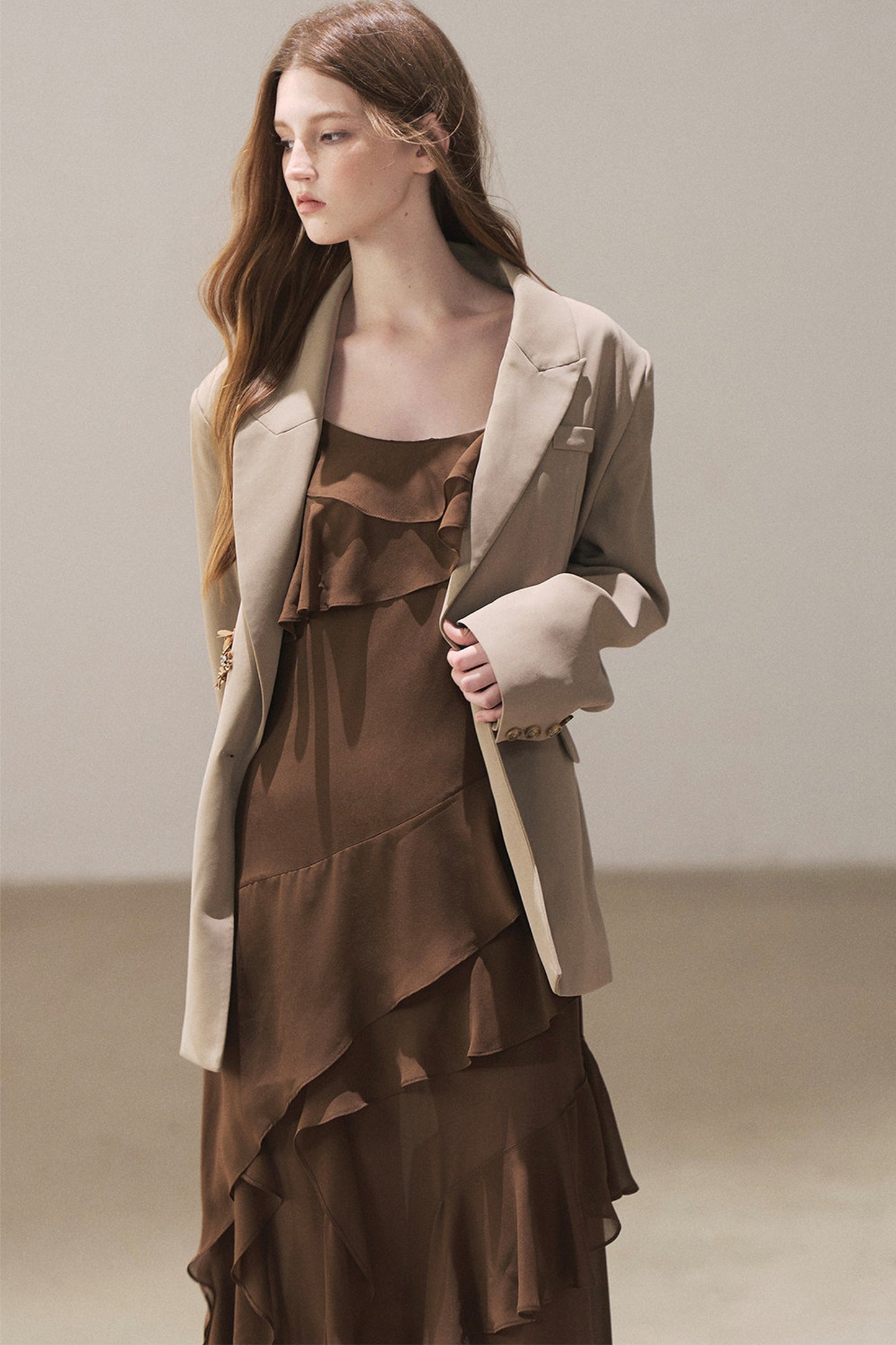 Beige Blazer With Brown Ruffle Spaghetti Strap Dress Set-Up