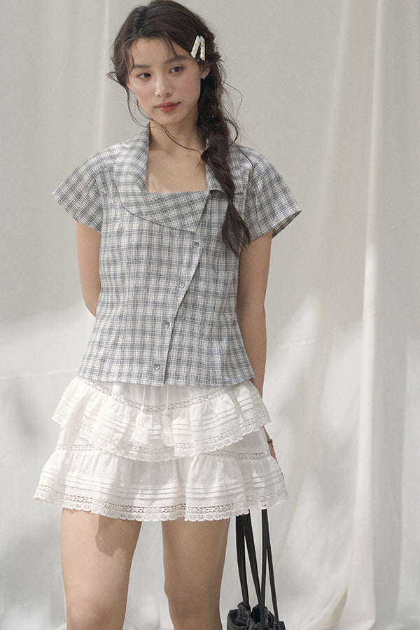 Square-Neck Plaid Blouse