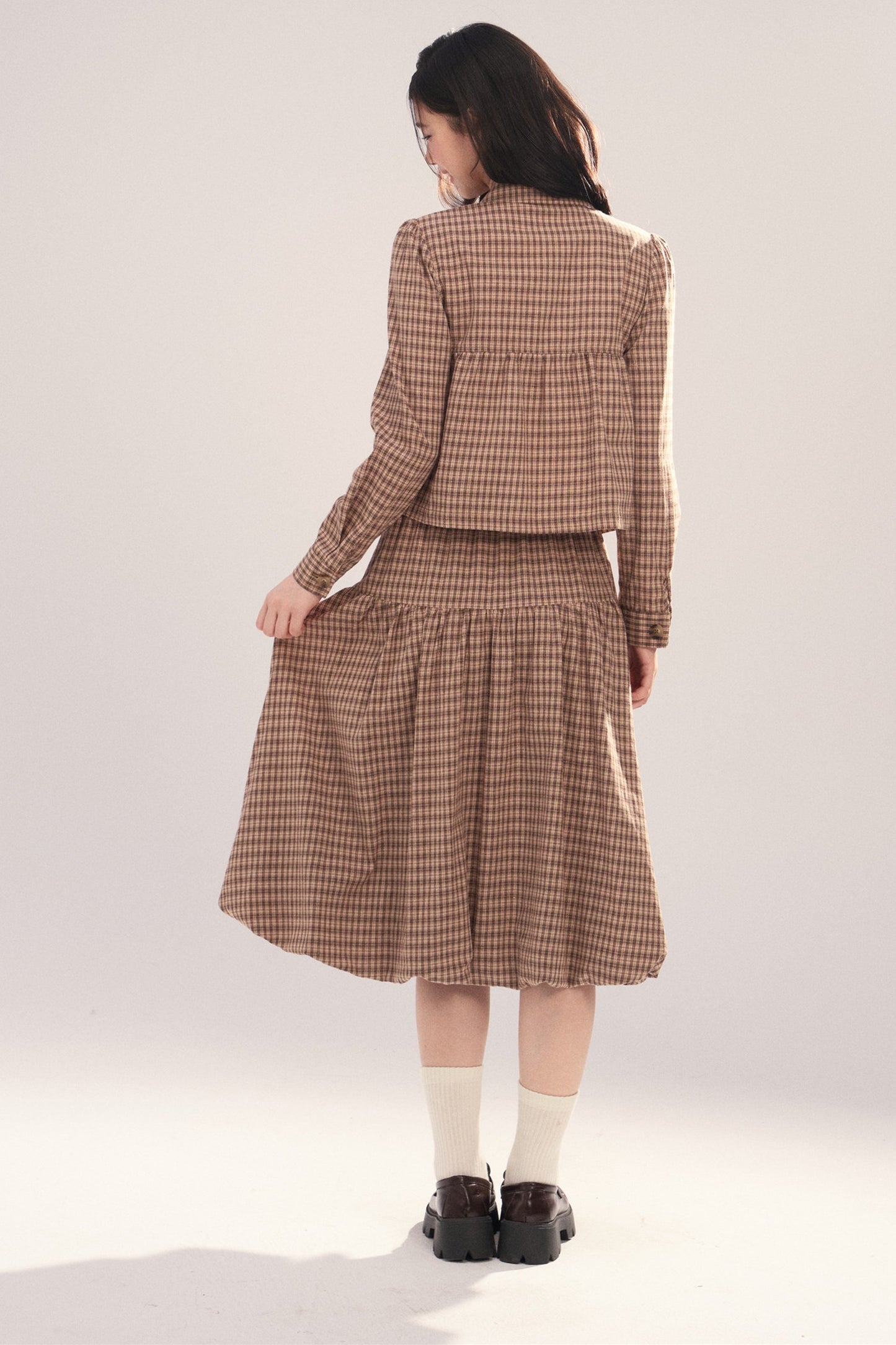 Long-Sleeved Plaid Shirt and Skirt Set-Up