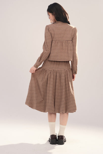 Long-Sleeved Plaid Shirt and Skirt Set-Up