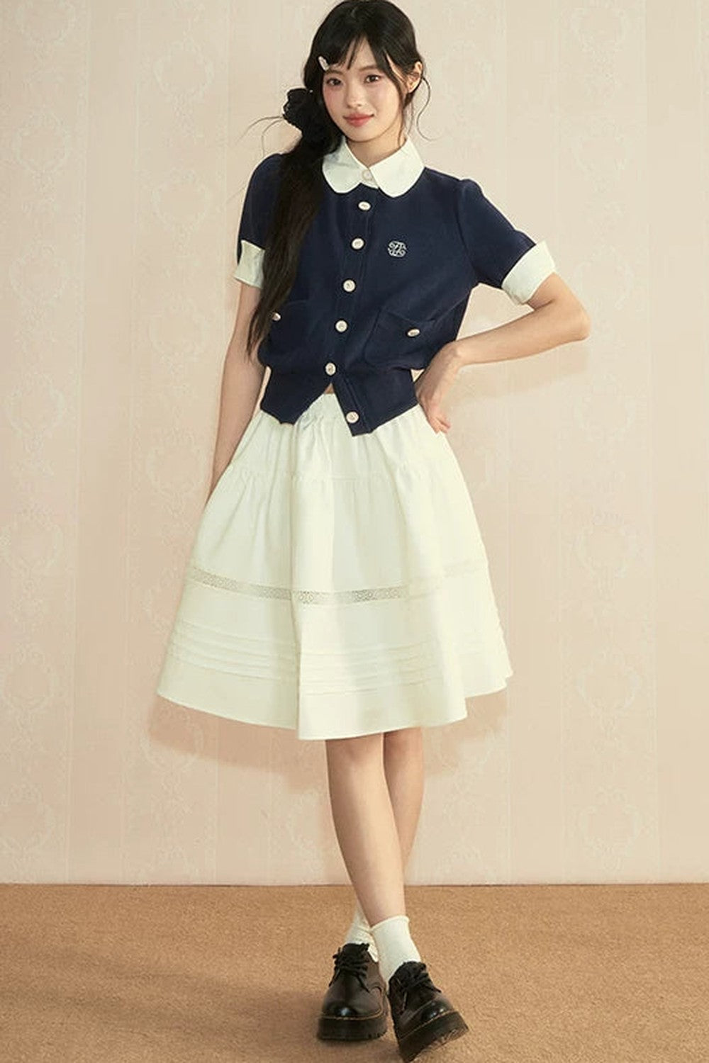 Color-Block Knit Cardigan and Pleated Skirt Set-Up