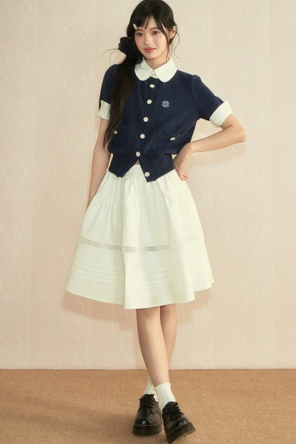 Color-Block Knit Cardigan and Pleated Skirt Set-Up