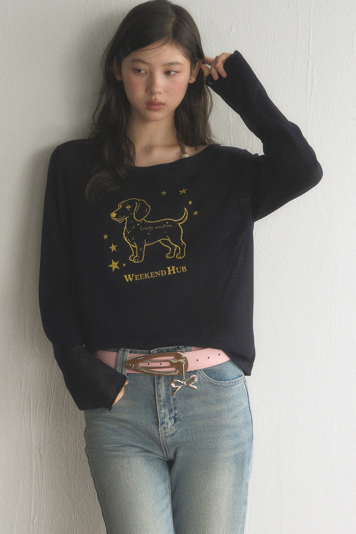 Off-Shoulder Dachshund Top and Flared Jeans Set-Up