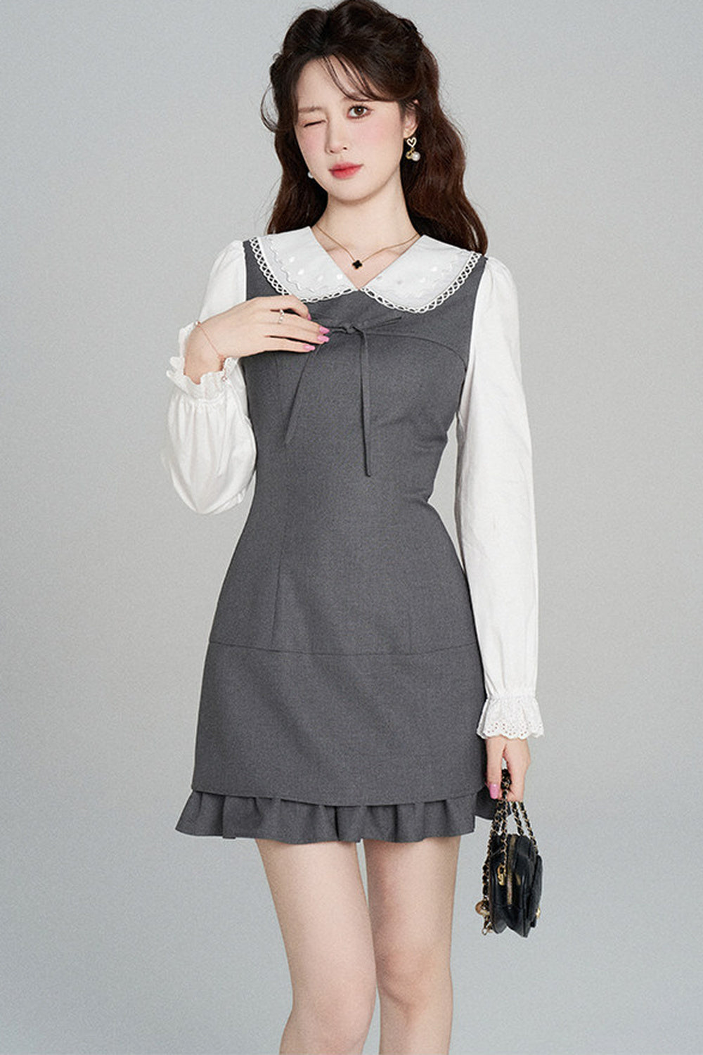 Gray Doll Collar Cinched Waist Dress