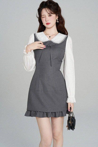 Gray Doll Collar Cinched Waist Dress