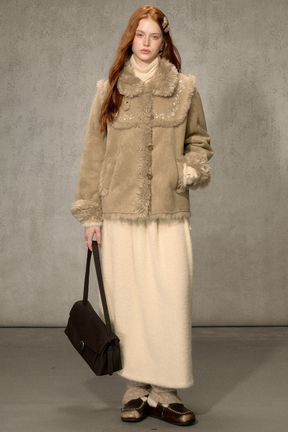 Embroidered Fur Collar Shearling Jacket