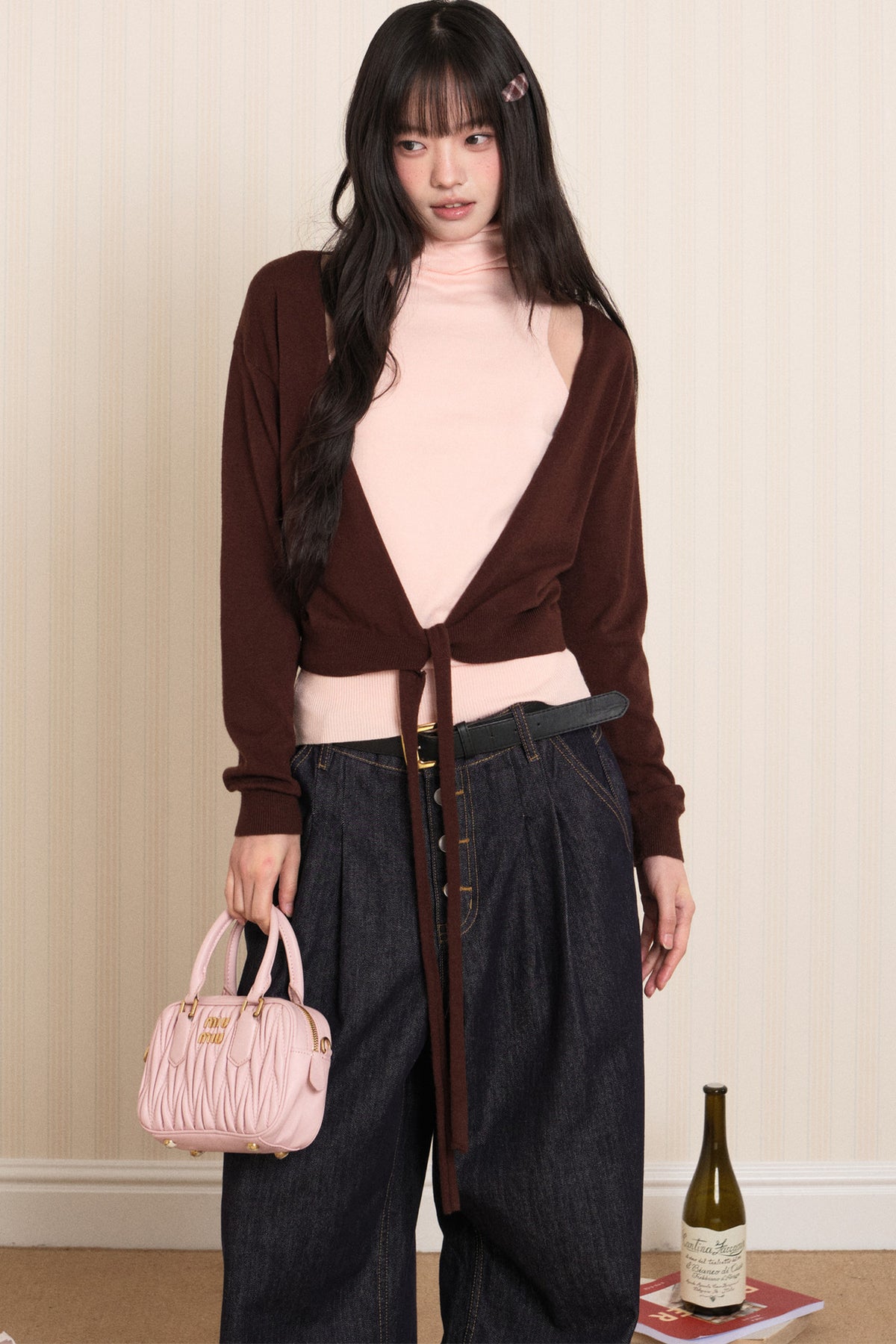 Layered High-Neck Vest and Tie-Up Cardigan Set-Up