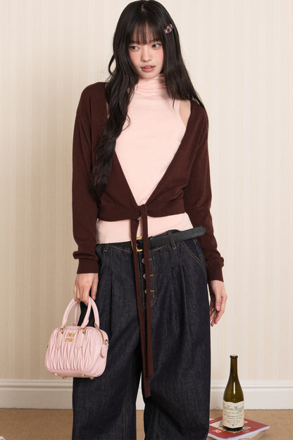 Layered High-Neck Vest and Tie-Up Cardigan Set-Up