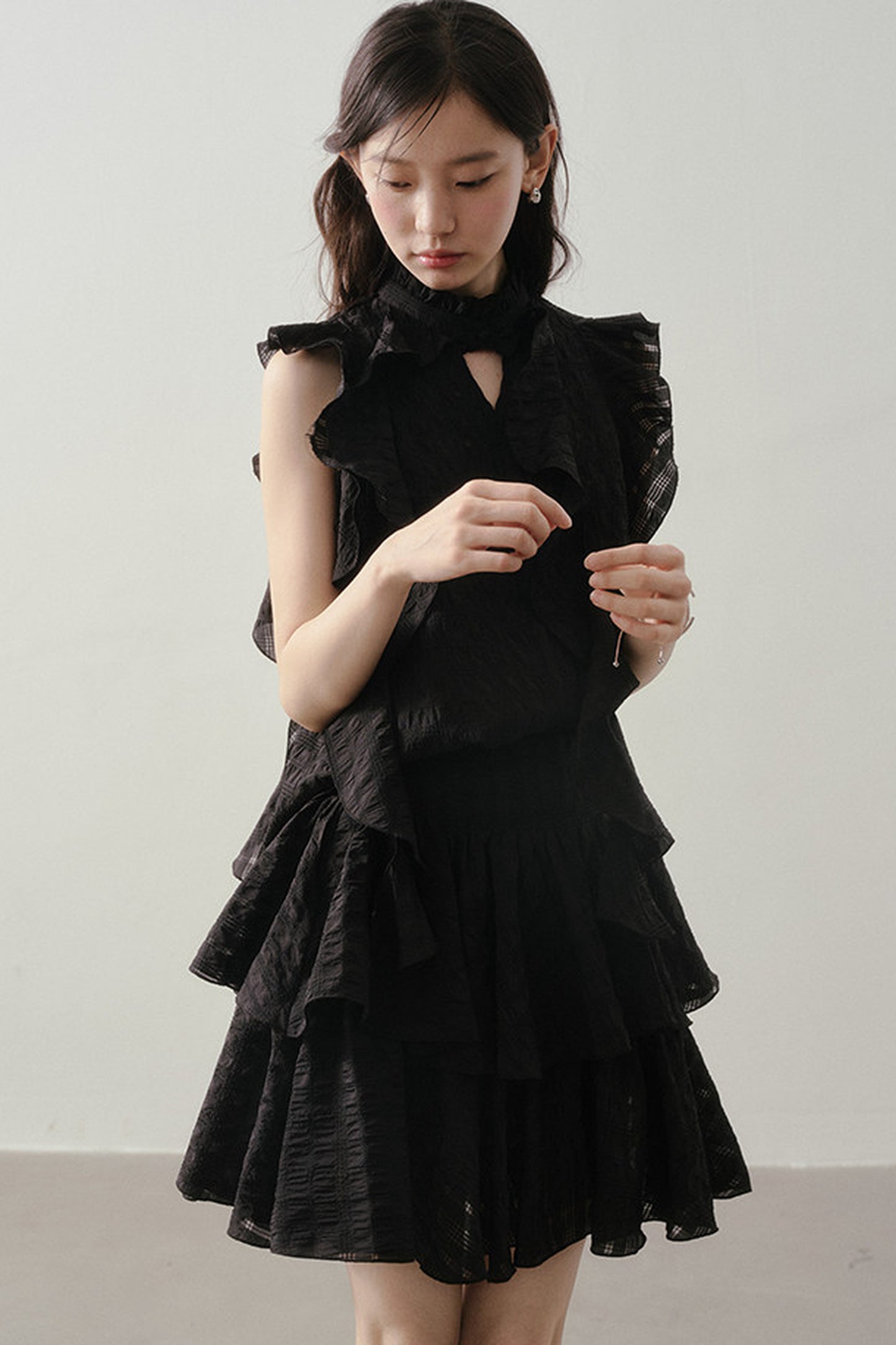 Textured Ruffle Collar Top And A-Line Skirt Set