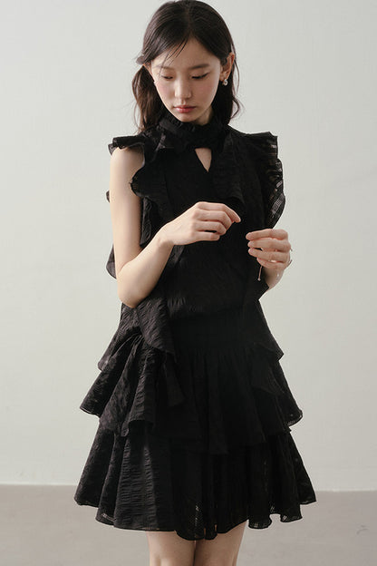 Textured Ruffle Collar Top And A-Line Skirt Set