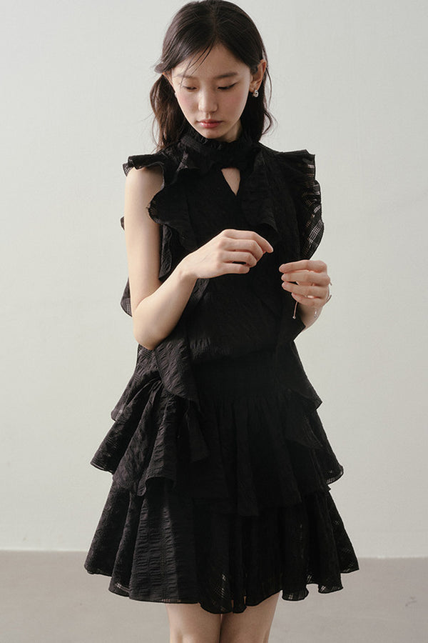 Textured Ruffle Collar Top And A-Line Skirt Set