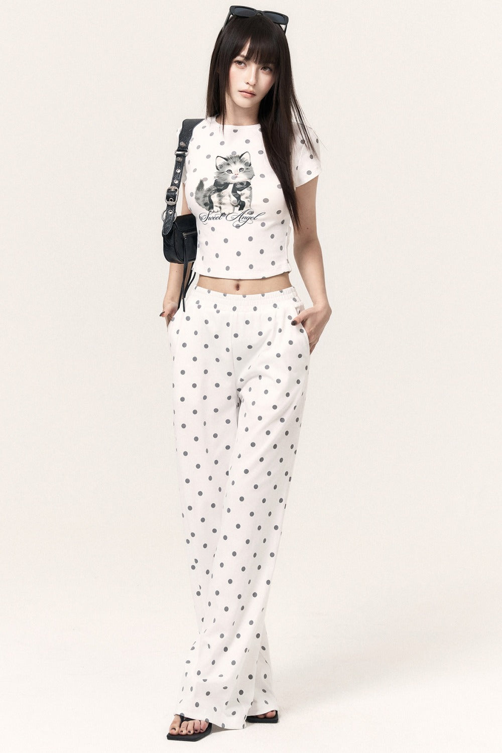 Cat Print Polka Dot Top Pants and Skirt Set-Up