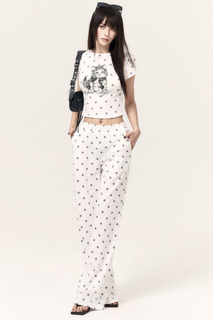 Cat Print Polka Dot Top Pants and Skirt Set-Up