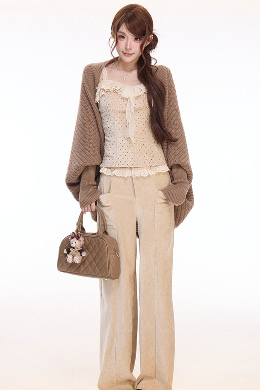 Polka Dot Lace Cami and Knitwear With Pants Set-Up
