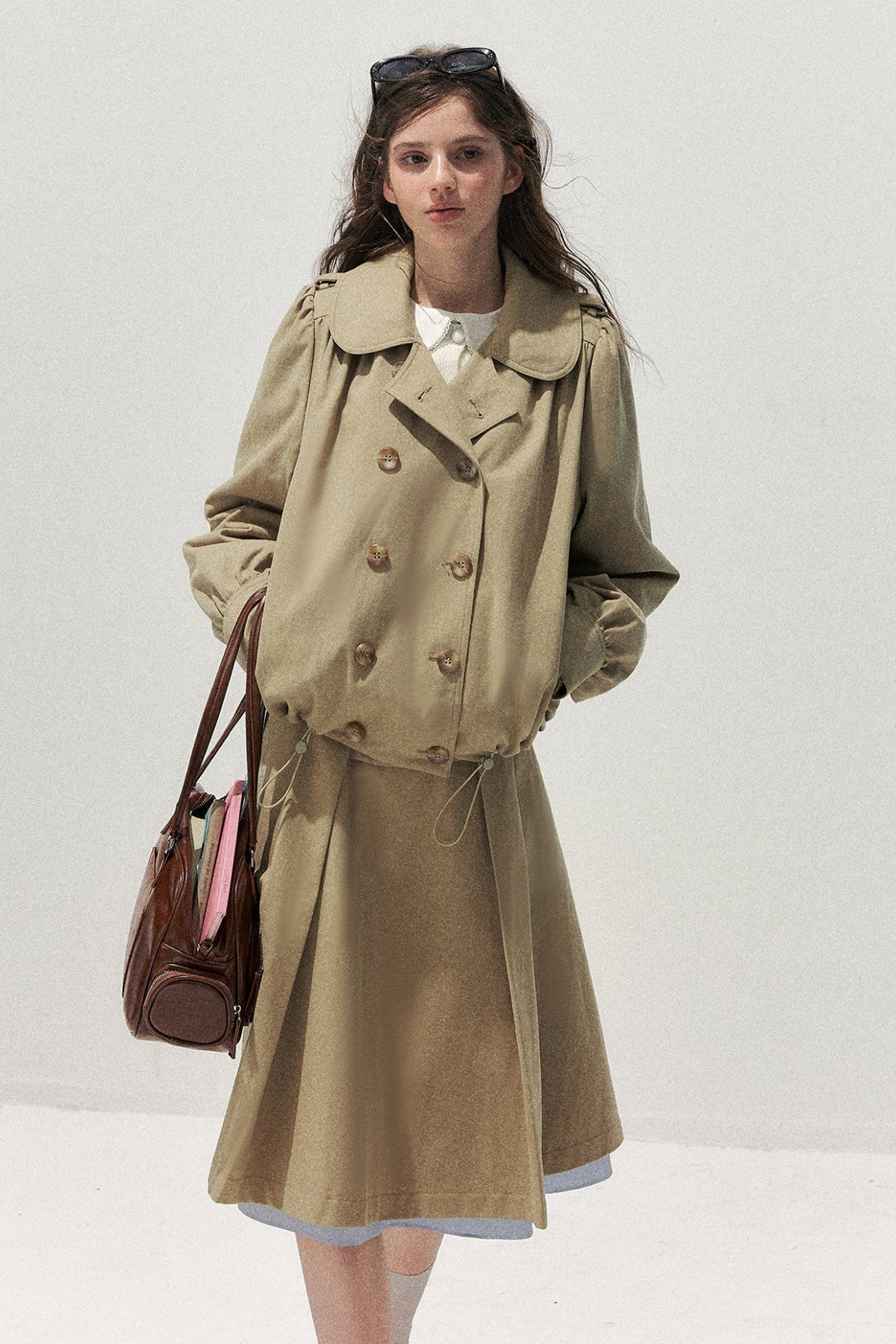 Khaki Short Trench Coat and Skirt Set-Up