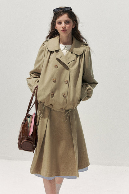 Khaki Short Trench Coat and Skirt Set-Up