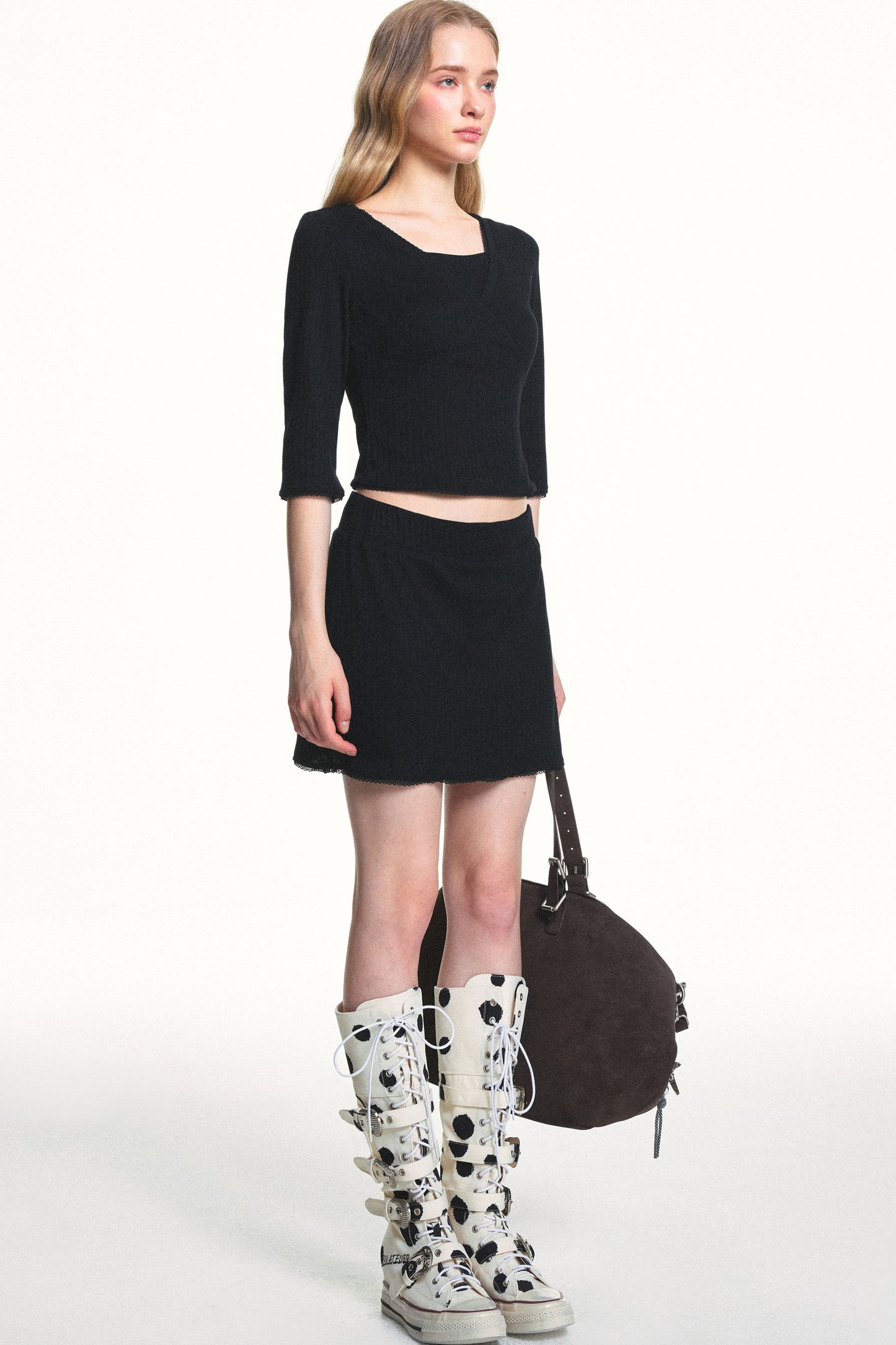 Conjunto de top de punto jacquard texturizado y falda