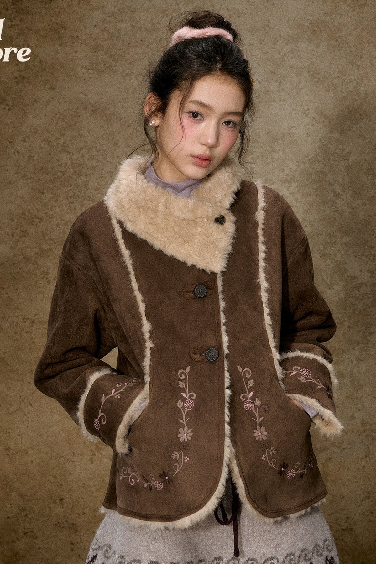 Embroidered Branch Snow Faux Suede Jacket