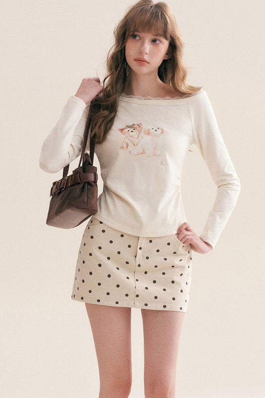 Hand-Painted Puppy Print Off-Shoulder Long-Sleeve T-Shirt