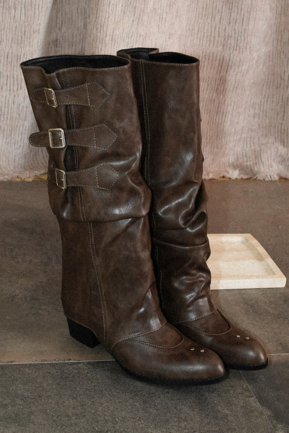 Height-Increasing Detachable Buckle Slouchy Western Riding Boots