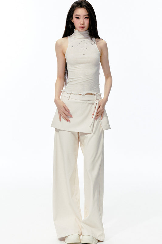 Rhinestone Petal Hem Sleeveless Top and Pants Set-Up