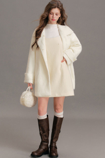 Manteau mi-long en laine imitation vison à épaules tombantes