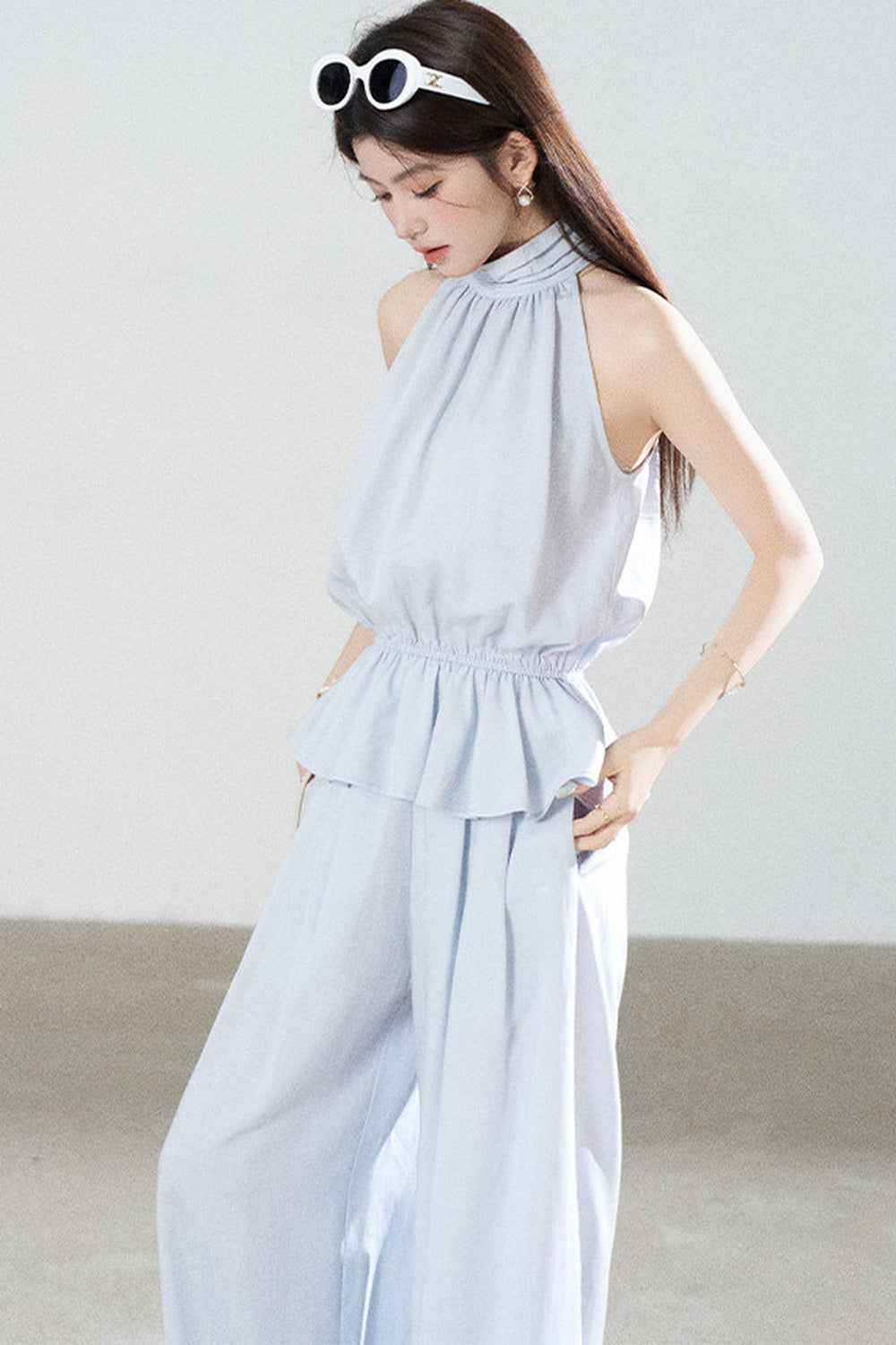 Blue Tencel Halter Shirt and Wide-Leg Pants Set