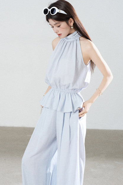 Blue Tencel Halter Shirt and Wide-Leg Pants Set