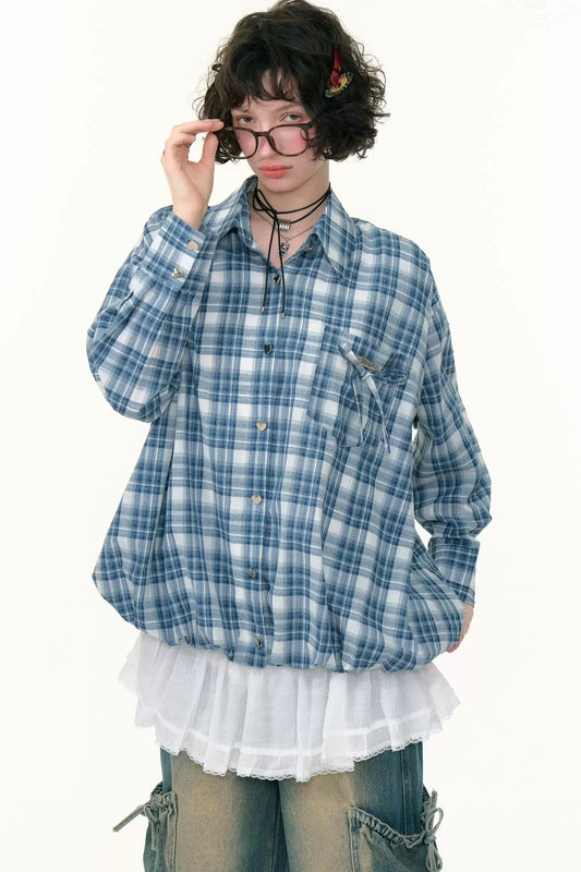 Blue and White Plaid Long-Sleeved Shirt