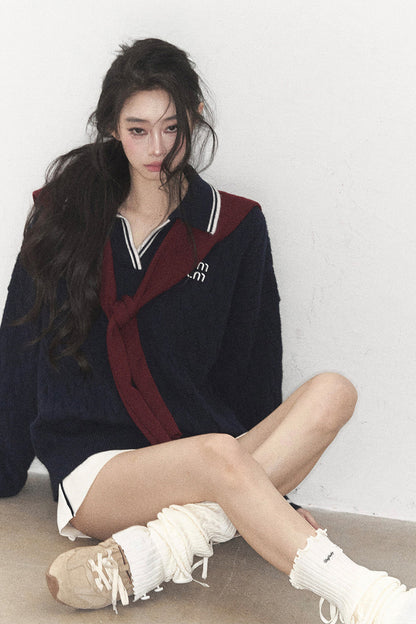 Navy Blue Sweater And White Mini Skirt Set-Up