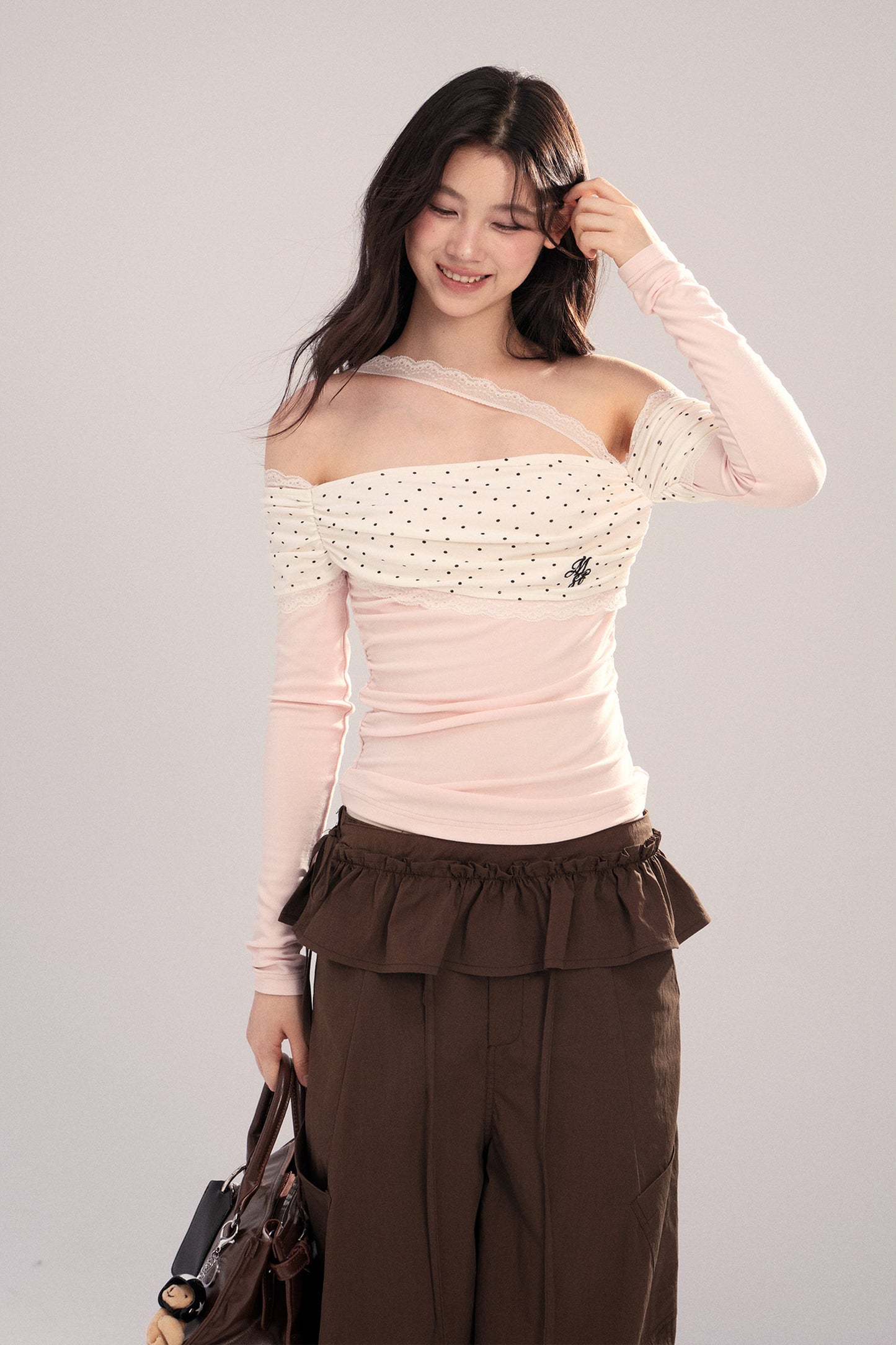 Polka Dot Spliced Lace Off-Shoulder T-Shirt